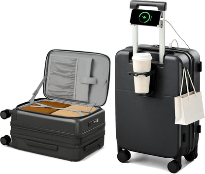 Hanke 20 Inch Expandable Carry On Luggage with Cup Holder 22x14x9 Airline Approved, Top Opening Hard Shell Suitcases with Wheels, Carry-On Travel Suitcase Trunk Luggage with Lock, Smoke White
