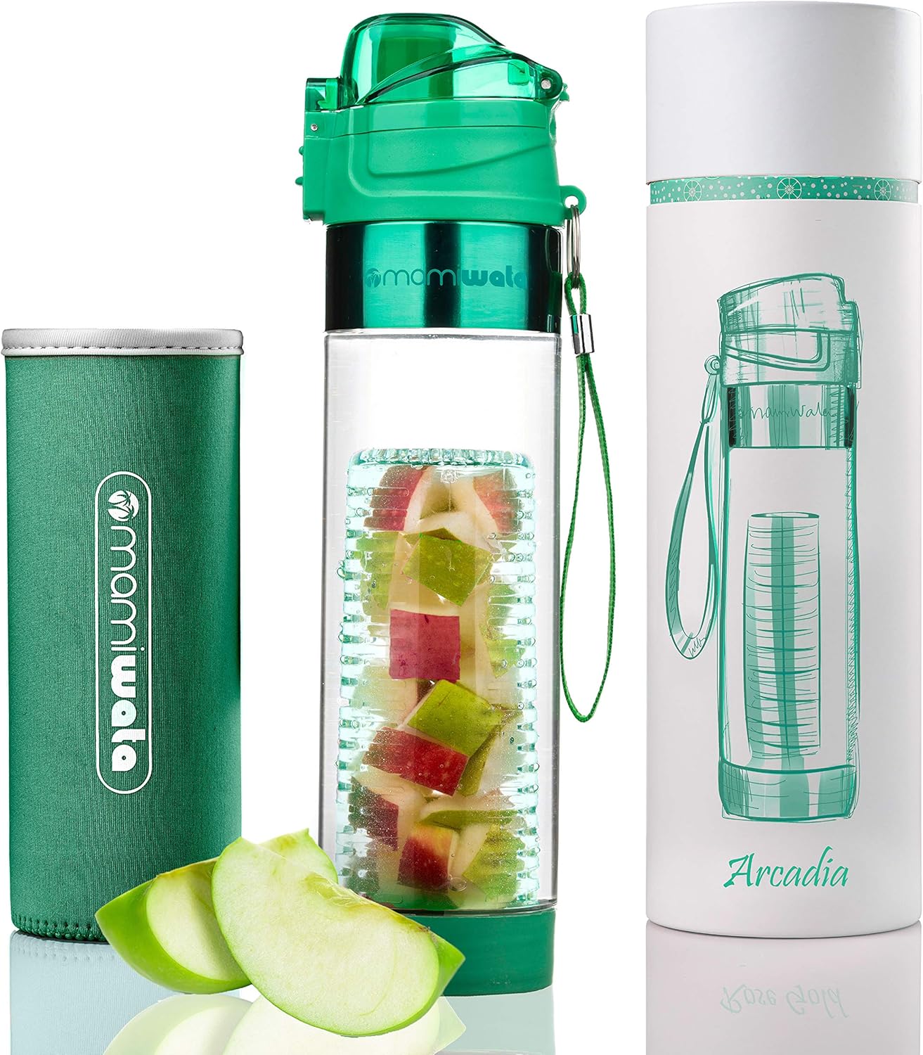 MAMI WATA Fruit Infuser Water Bottle – 24 oz – Tritan Plastic - Unique Stylish Design – Fruit Infused Water recipes eBook & Insulating sleeve – Beautiful Gift Box
