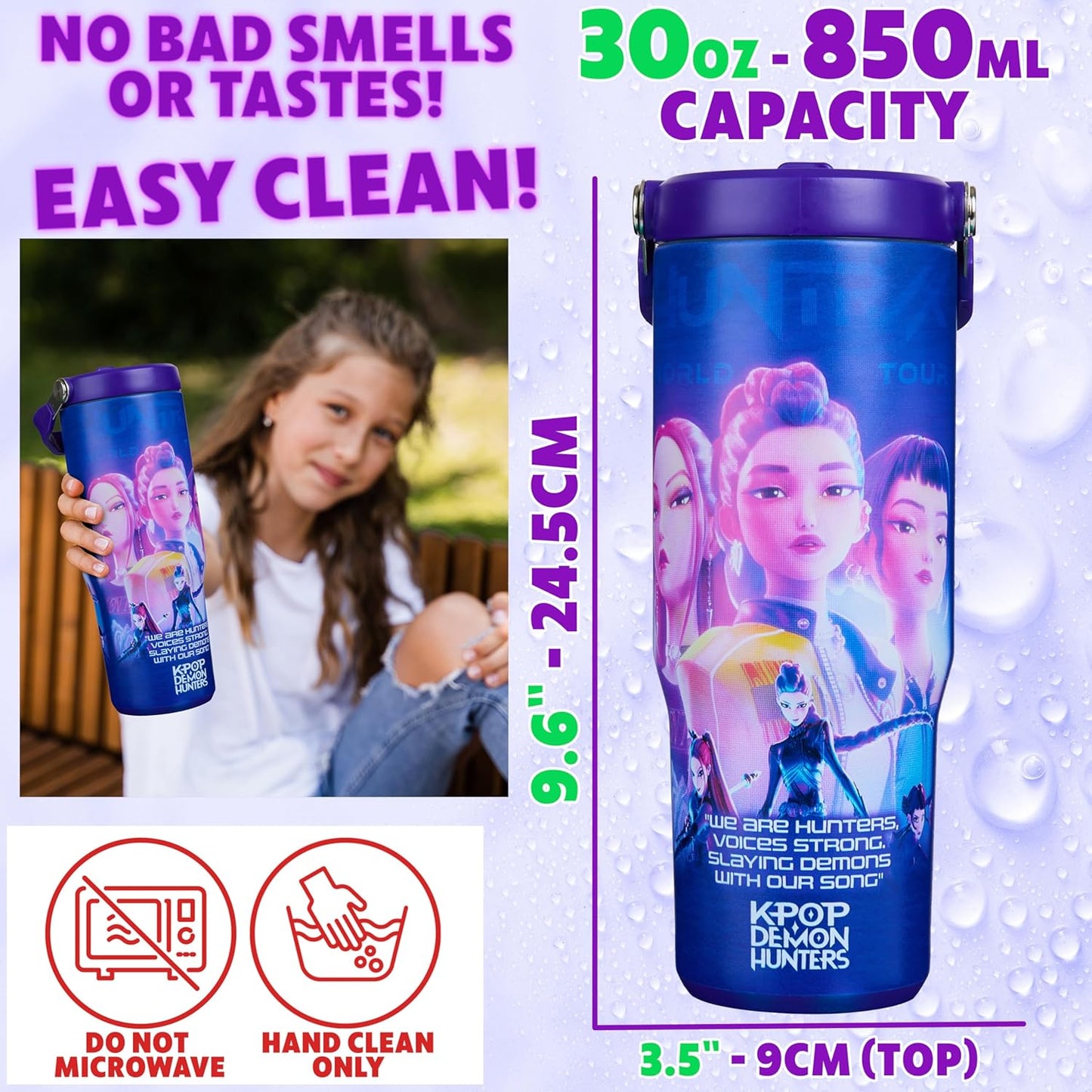 KPop Demon Hunters 30oz Tumbler with Straw and Handle for Girls, Teens, Insulated Stainless Steel Travel Mug, Gifts for Girls
