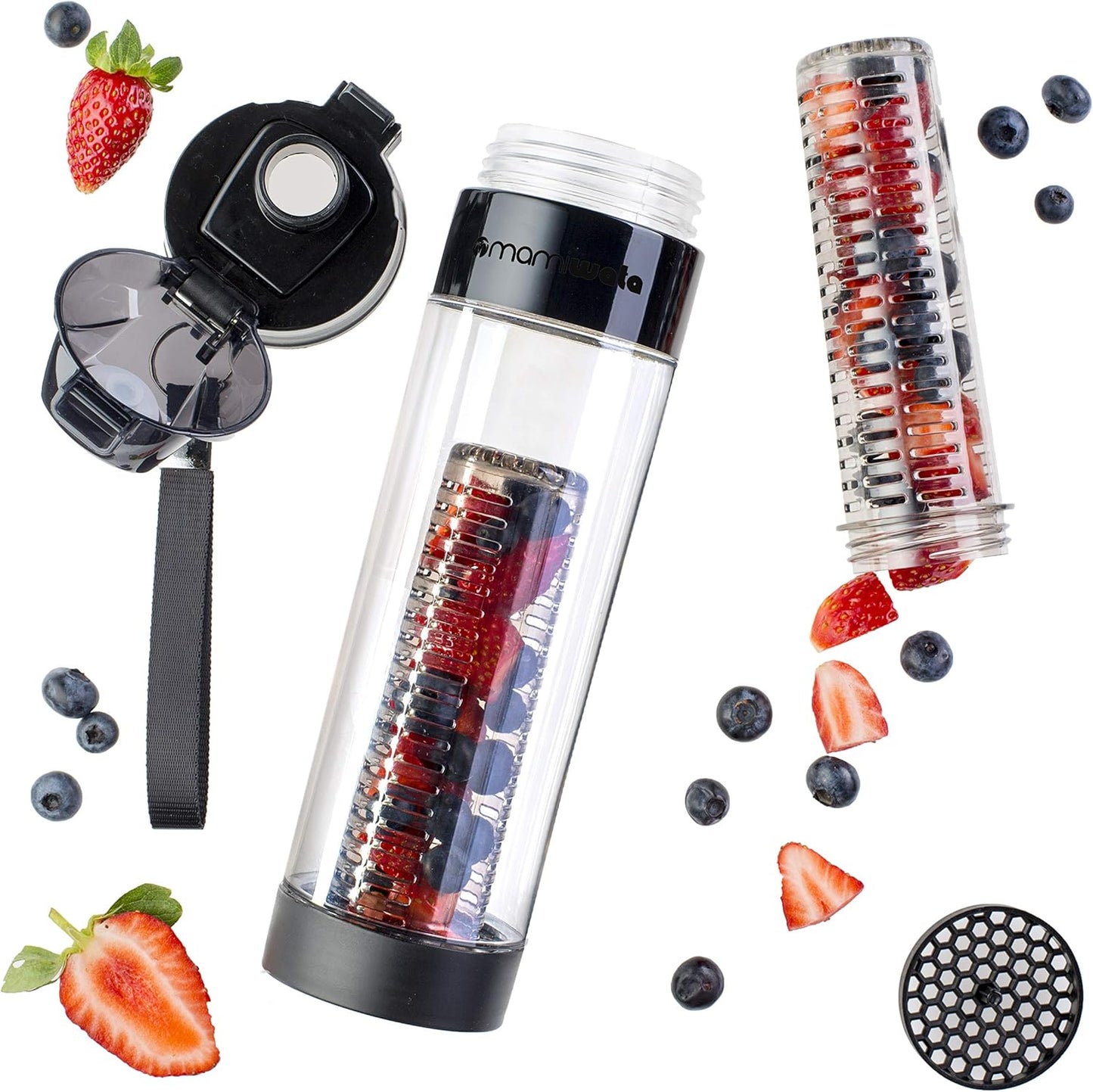 MAMI WATA Fruit Infuser Water Bottle – 24 oz – Tritan Plastic - Unique Stylish Design – Fruit Infused Water recipes eBook & Insulating sleeve – Beautiful Gift Box