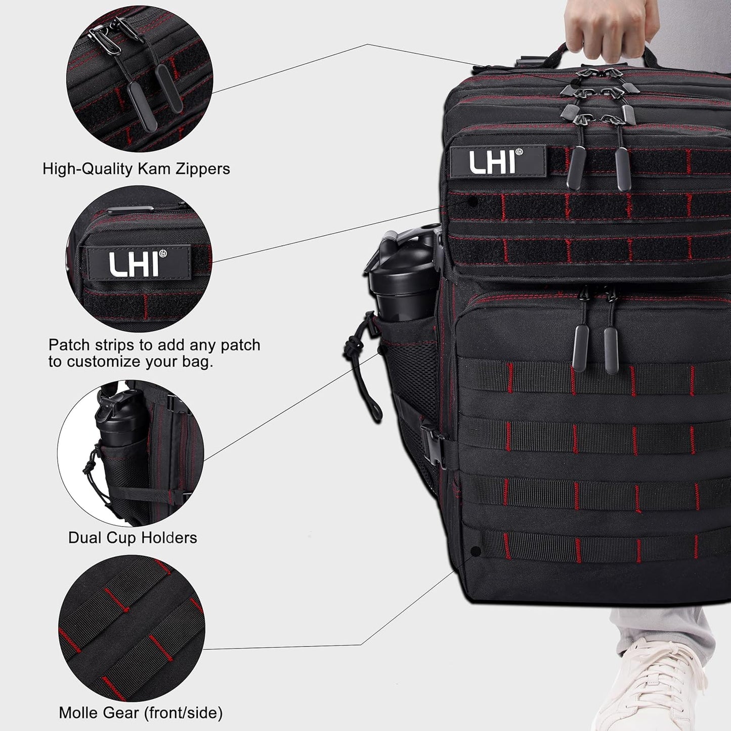 LHI Military Tactical Backpack for Men and Women 45L Army 3 Days Assault Pack Bag Large Rucksack with Molle System - Black - Colors B