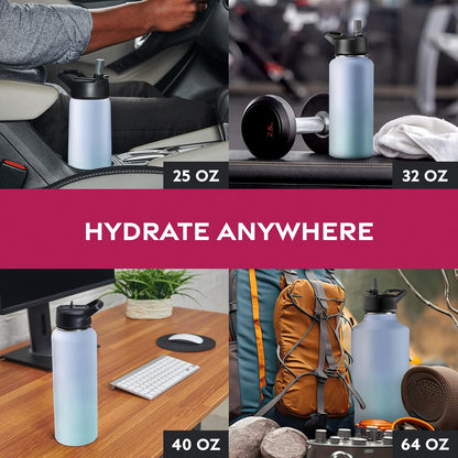 FineDine Water Bottle - Stainless Steel Insulated Water Bottle with Straw Lid, Flip Lid & Wide-Mouth Cap - Keeps Hot and Cold - 25 Oz / 739ml - Dreamy Purple