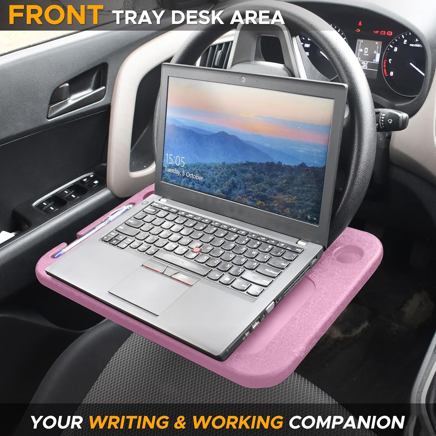 EcoNour 2 in 1 Car Steering Wheel Desk | Tray for Laptop Car Mount with Pen Holder | Desk Console for Car | Food Tray for Eating with Drinks Holder | Multipurpose Travel Car Accessories