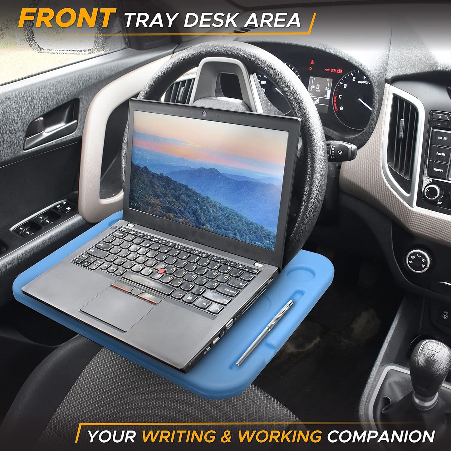 EcoNour 2 in 1 Car Steering Wheel Desk | Tray for Laptop Car Mount with Pen Holder | Desk Console for Car | Food Tray for Eating with Drinks Holder | Multipurpose Travel Car Accessories