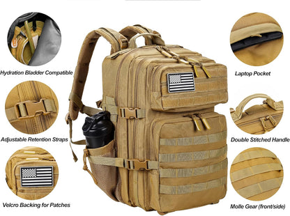 LHI Military Tactical Backpack for Men and Women 45L Army 3 Days Assault Pack Bag Large Rucksack with Molle System - Black - Colors A