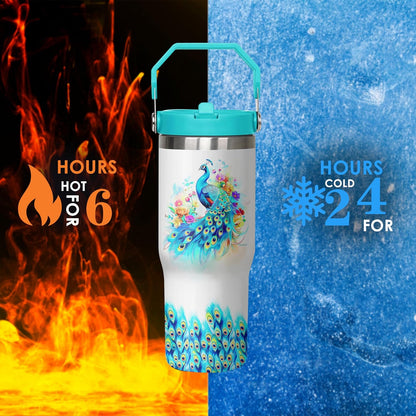 30 oz Peacock Blue Flip Straw Tumbler with Top Handle for Peacock Blue Lover Resuable Vacuum Insulated Flip Top Water bottle for Home Office Car