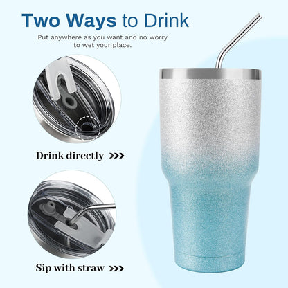 D·S 30oz Blue Tumbler Stainless Steel Double Wall Vacuum Insulated Mug with Straw and Lid, Cleaning Brush for Cold and Hot Beverages