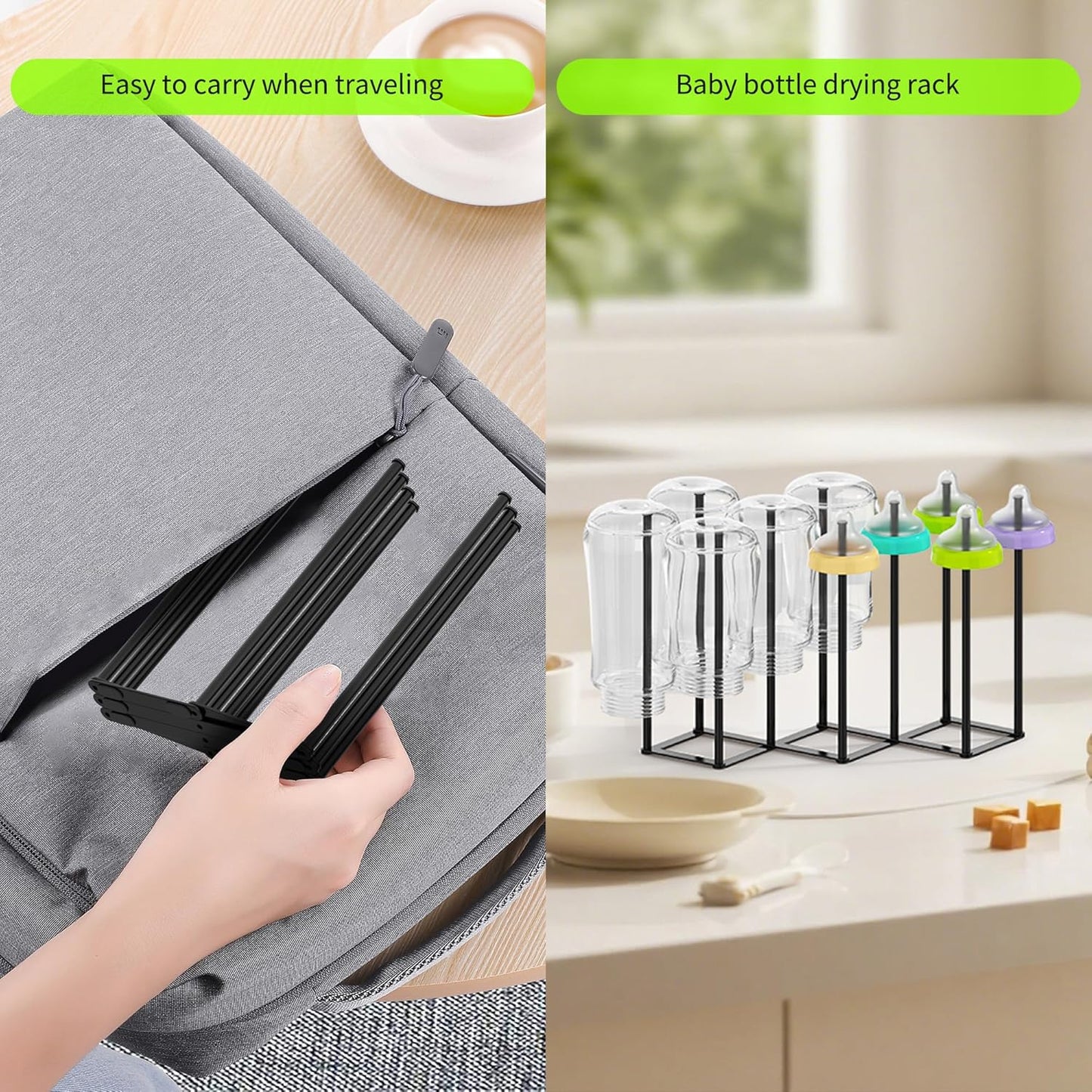 Collapsible Bottle Drying Rack, Foldable Baby Bottle Drying Rack, Portable Drainer Stand Holder for Water Bottles, Cup, Reusable Silicone Bag, Cutting Board (Black)