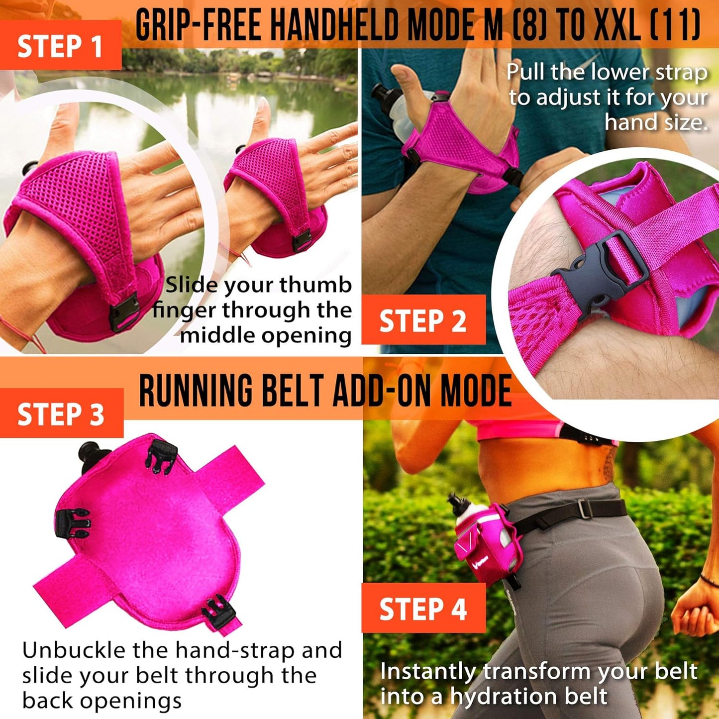2-in-1 Running Fun: Handheld 12 Oz Water Bottle & Running Belt Add-On. No-Grip Design Straps on Hand & Slides on Belt. Waterproof Pocket for Money, Keys. Maximize Time, Freedom & Health