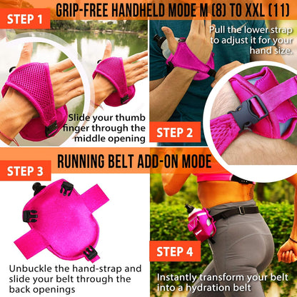 2-in-1 Running Fun: Handheld 12 Oz Water Bottle & Running Belt Add-On. No-Grip Design Straps on Hand & Slides on Belt. Waterproof Pocket for Money, Keys. Maximize Time, Freedom & Health