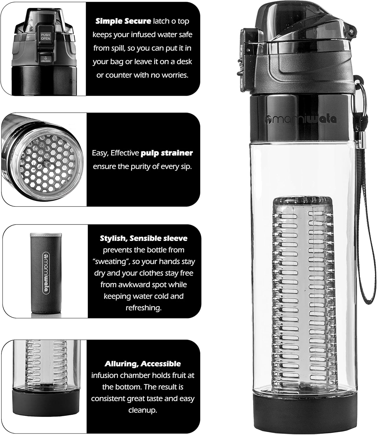 MAMI WATA Fruit Infuser Water Bottle – 24 oz – Tritan Plastic - Unique Stylish Design – Fruit Infused Water recipes eBook & Insulating sleeve – Beautiful Gift Box