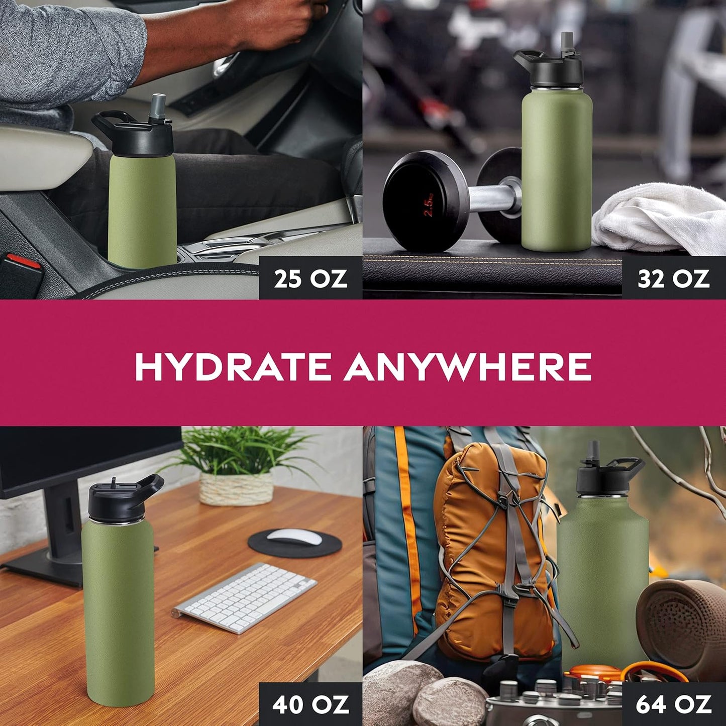 FineDine Water Bottle - Stainless Steel Insulated Water Bottle with Straw Lid, Flip Lid & Wide-Mouth Cap - Keeps Hot and Cold - 25 Oz / 739ml - Dreamy Purple