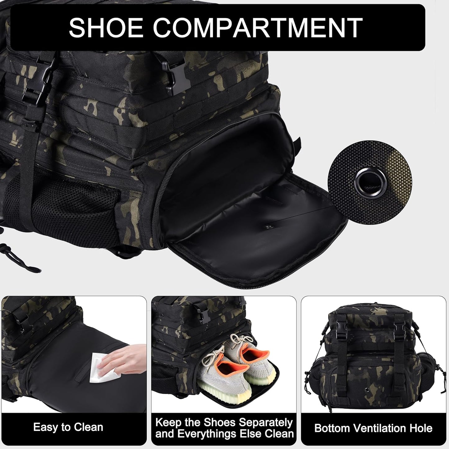 LHI Military Tactical Backpack for Men and Women 45L Army 3 Days Assault Pack Bag Large Rucksack with Molle System - Black - Colors B