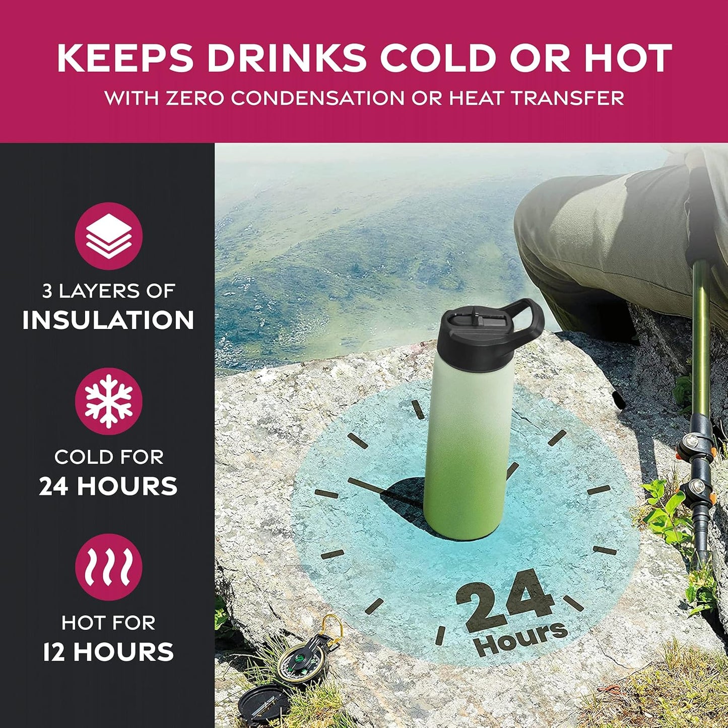 FineDine Water Bottle - Stainless Steel Insulated Water Bottle with Straw Lid, Flip Lid & Wide-Mouth Cap - Keeps Hot and Cold - 25 Oz / 739ml - Dreamy Purple