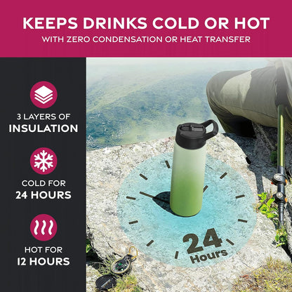 FineDine Water Bottle - Stainless Steel Insulated Water Bottle with Straw Lid, Flip Lid & Wide-Mouth Cap - Keeps Hot and Cold - 25 Oz / 739ml - Dreamy Purple