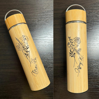 Bamboo Water Bottle Insulated Tea Tumbler for Men Birthday Gift, Women Travel Tea Set with Diffuser for Loose Tea Leaves, Stainless Steel Leak Proof Gift for Mom (15 oz)