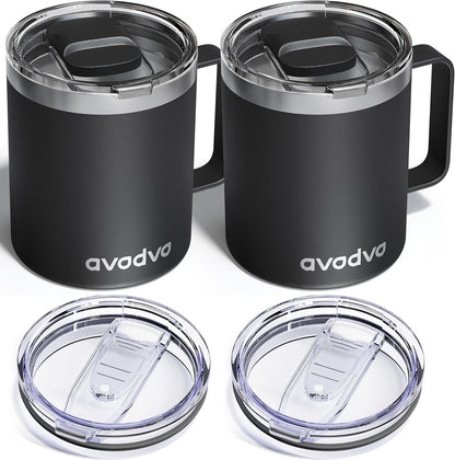 12oz Insulated Coffee Mug with Lid – Includes Two Lids, Stainless Steel Coffee Travel Mug with Handle, Double Wall Vacuum Insulated Camping Mug for Home, Office & Outdoor, Navy Blue