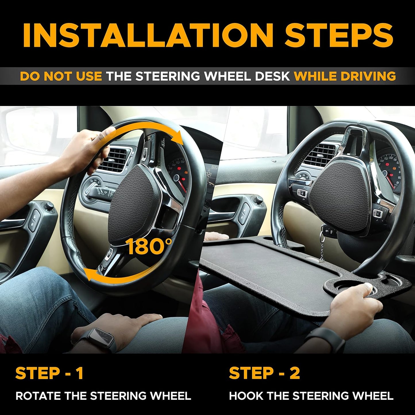 EcoNour 2 in 1 Car Steering Wheel Desk | Tray for Laptop Car Mount with Pen Holder | Desk Console for Car | Food Tray for Eating with Drinks Holder | Multipurpose Travel Car Accessories