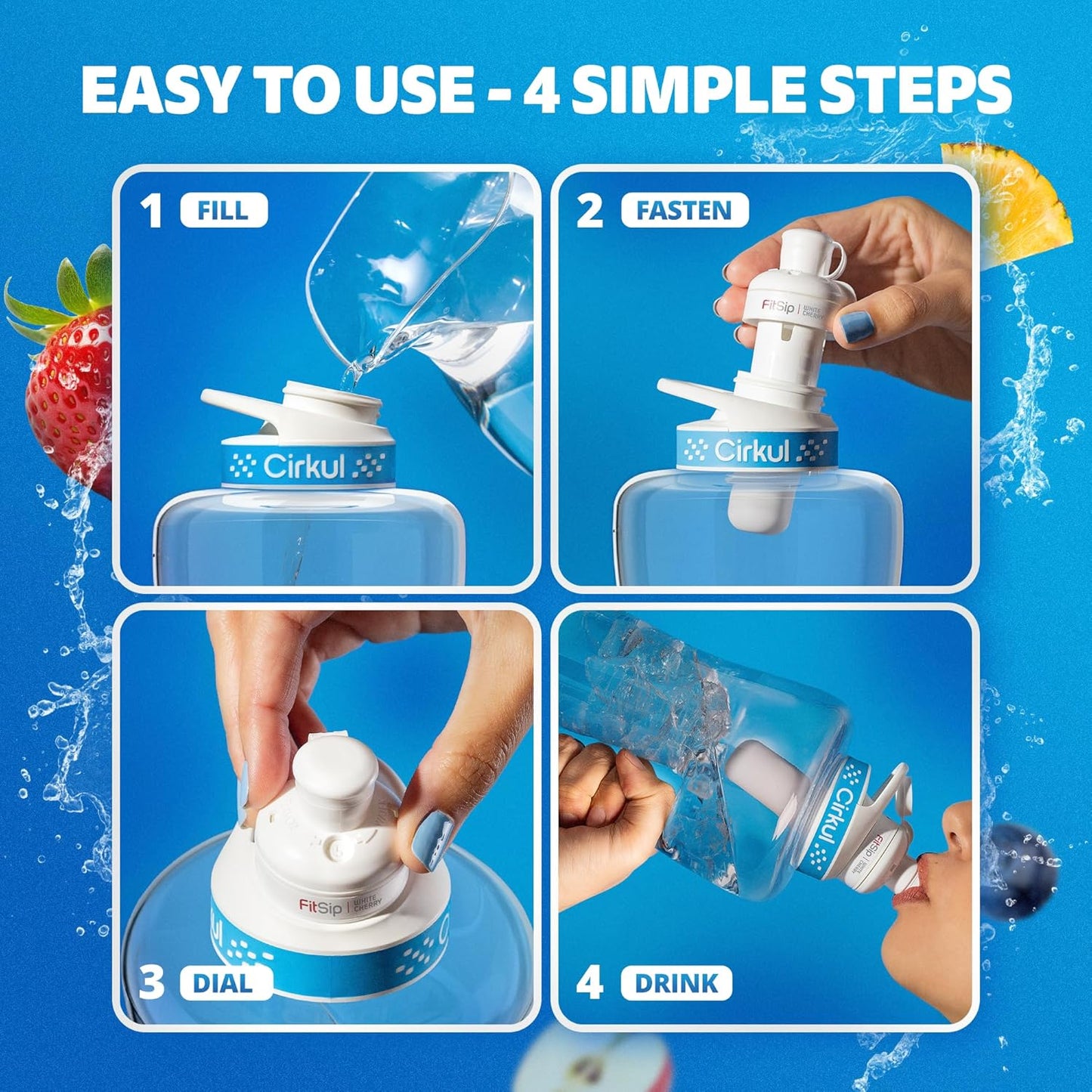 Cirkul 22oz. BPA-Free Plastic Water Bottle Starter Kit with Blue Lid, 2 Flavor Cartridges (1 LifeSip Fruit Punch, 1 FitSip Mixed Berry) No Sugar, Zero Calorie Drink Mix