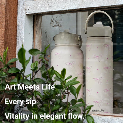 25oz Insulated Stainless Steel Aesthetic Cute Water Bottle - 2 Lids Included (Straw + Sport Handle), Leakproof BPA-Free, Dreamy Cream Cute Floral Design, Perfect Gym/Yoga/Office Companion