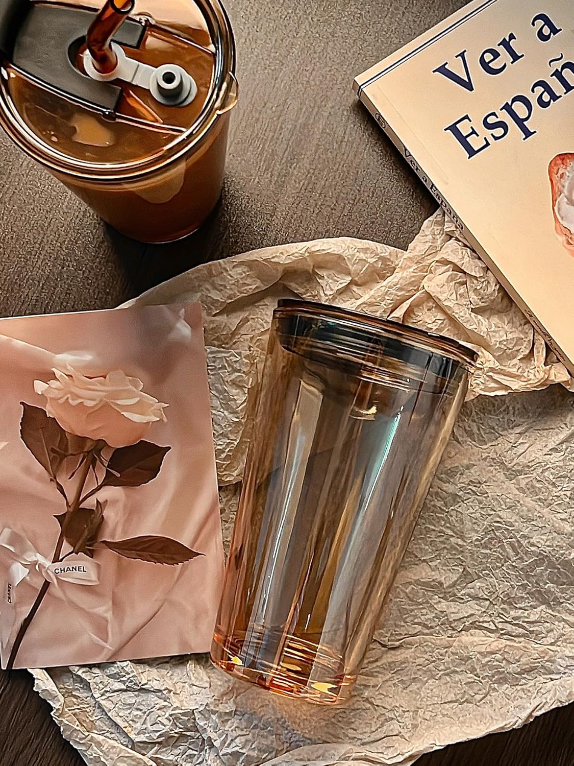 Olvini 15oz Glass Tumbler with Straw and Lid, Cute Iced Coffee Cups, Aesthetic Glass Cups, Coffee Tumbler, Water Cup, Matcha Cup, Drinking Glasses (Clear)