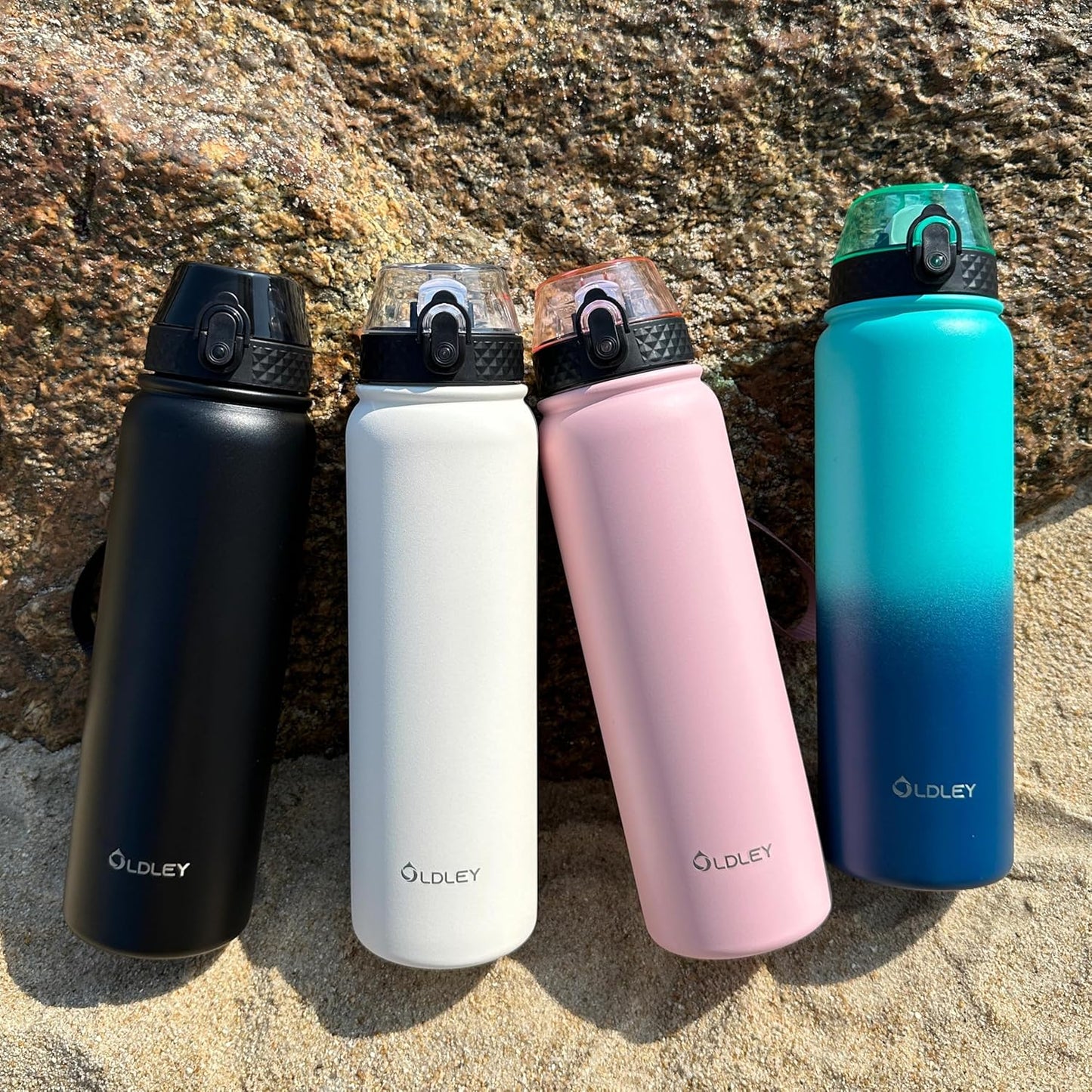 Oldley Insulated Water Bottle 20oz for Adults Kids Stainless Steel Water Bottles with Straw/Chug/Carabiner 3 Lids Fruit Strainer Double Wall Vacuum Wide Mouth BPA Free Leak-Proof for School Travel