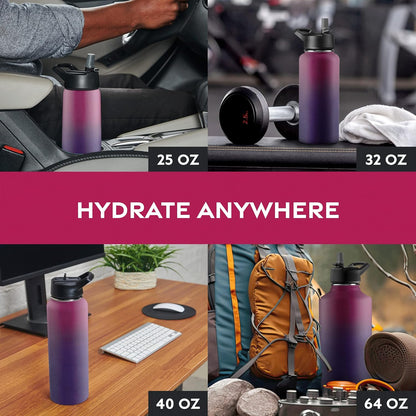 FineDine Water Bottle - Stainless Steel Insulated Water Bottle with Straw Lid, Flip Lid & Wide-Mouth Cap - Keeps Hot and Cold - 25 Oz / 739ml - Dreamy Purple