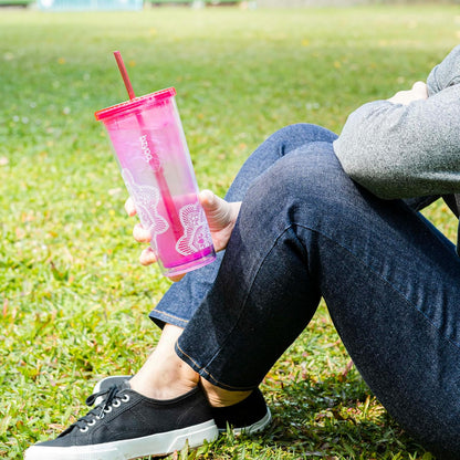 bzyoo SIP 24oz (710ml) Double Wall Plastic Tumbler with Lid and Straw Cold Drink Travel Mug Reusable Party Cup Perfect for Office Ice Coffee or Tea and Gift Color: Pink & Purple
