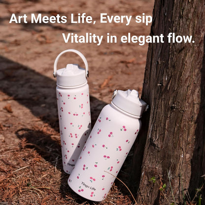 25oz Insulated Stainless Steel Aesthetic Cute Water Bottle - 2 Lids Included (Straw + Sport Handle), Leakproof BPA-Free, Dreamy Cream Cute Floral Design, Perfect Gym/Yoga/Office Companion
