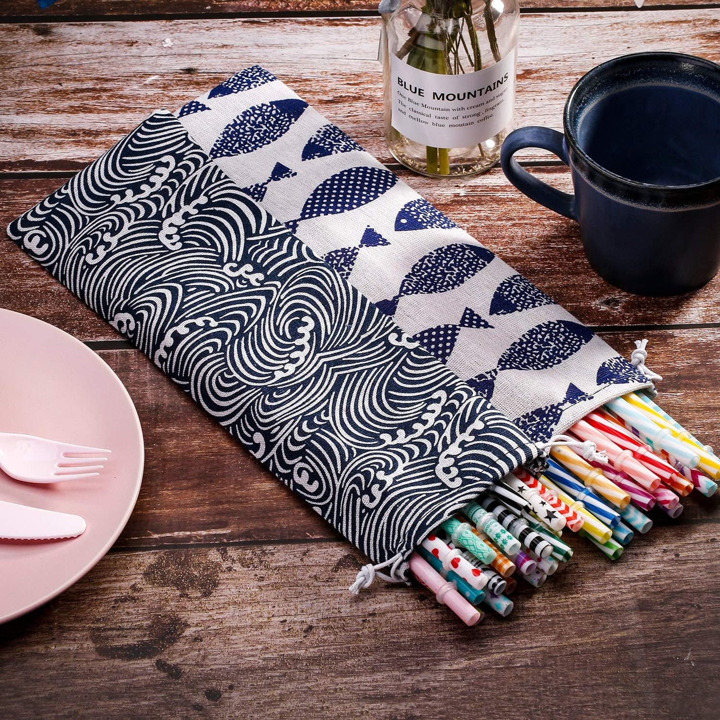 Tatuo 5 Pack Straw Carrying Case Pouch Kit 11.7 x 3.9 Inch Reusable Cutlery Pouch Portable Canvas Utensil Travel Case Bag for Straws Knife Fork Spoon Chopsticks Stainless Steel Glass Silicone