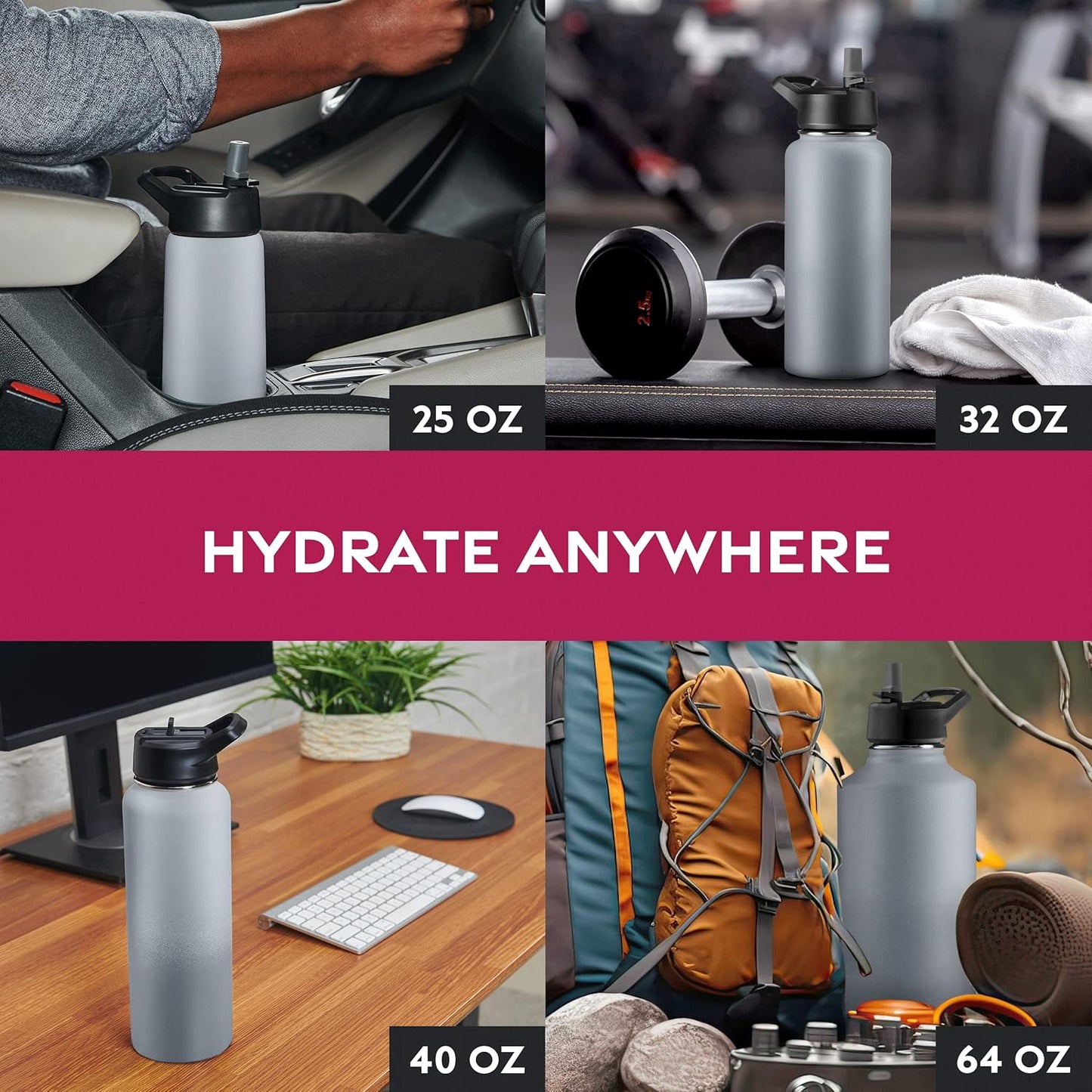 FineDine Water Bottle - Stainless Steel Insulated Water Bottle with Straw Lid, Flip Lid & Wide-Mouth Cap - Keeps Hot and Cold - 25 Oz / 739ml - Dreamy Purple