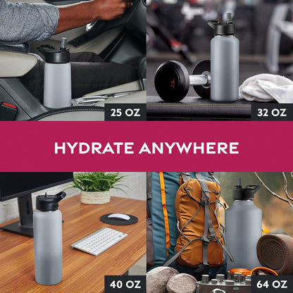 FineDine Water Bottle - Stainless Steel Insulated Water Bottle with Straw Lid, Flip Lid & Wide-Mouth Cap - Keeps Hot and Cold - 25 Oz / 739ml - Dreamy Purple