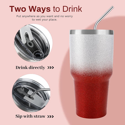 D·S 30oz Blue Tumbler Stainless Steel Double Wall Vacuum Insulated Mug with Straw and Lid, Cleaning Brush for Cold and Hot Beverages