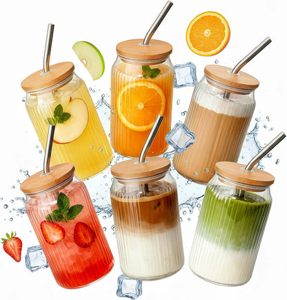 4 Packs Ribbed Glass Tumbler with Lid and Straw 16 oz Cute Ice Coffee Cup Set for Smoothie Juice Matcha Tea Latte Cappuccino Espresso Hot Coffe Water Reusable Clear Travel Boba Aesthetic Drinking Mug