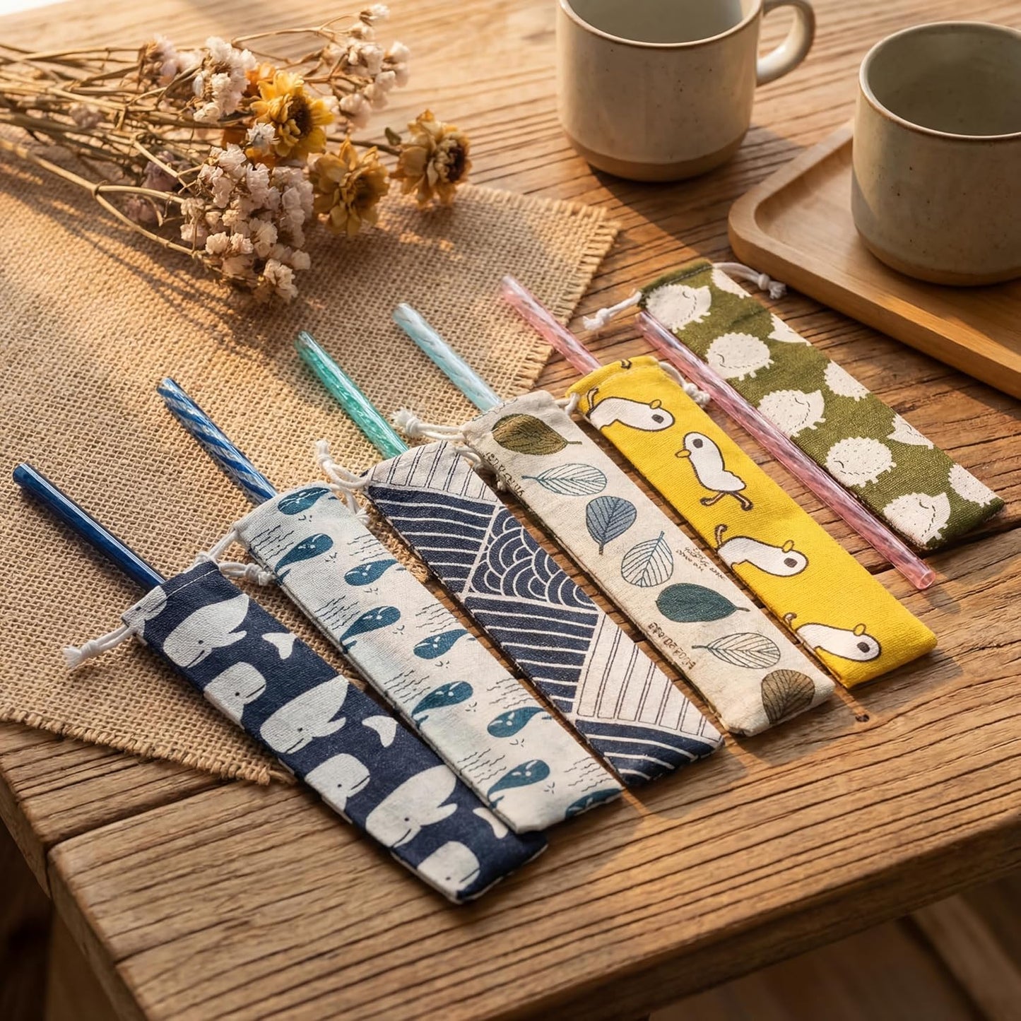 Outus 20 Pcs Straw Carrying Case Chopstick Case, Reusable Utensil Pouch Portable Travel Canvas Bag for Straws, Knife, Fork, Spoon, Chopsticks (Nature Beige Mix)