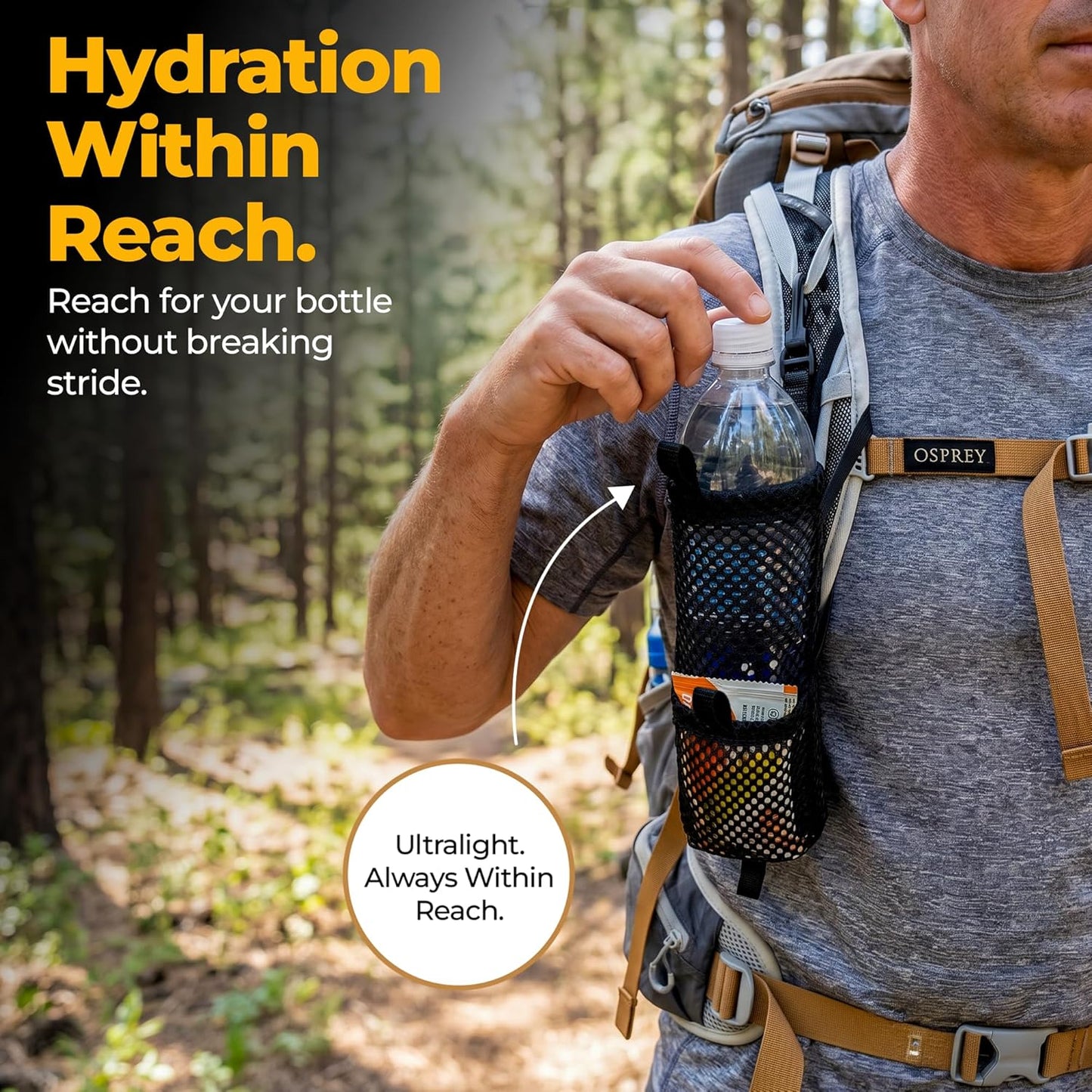Water Bottle & Snack Holder for Backpack Shoulder Strap - Fits 1L Smartwater, Front Accessory Pouch, Ultralight 0.9 oz, Snap Hook Mount, Nylon Mesh Backpack Attachment