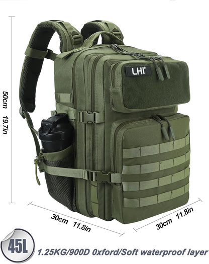 LHI Military Tactical Backpack for Men and Women 45L Army 3 Days Assault Pack Bag Large Rucksack with Molle System - Black - Colors A