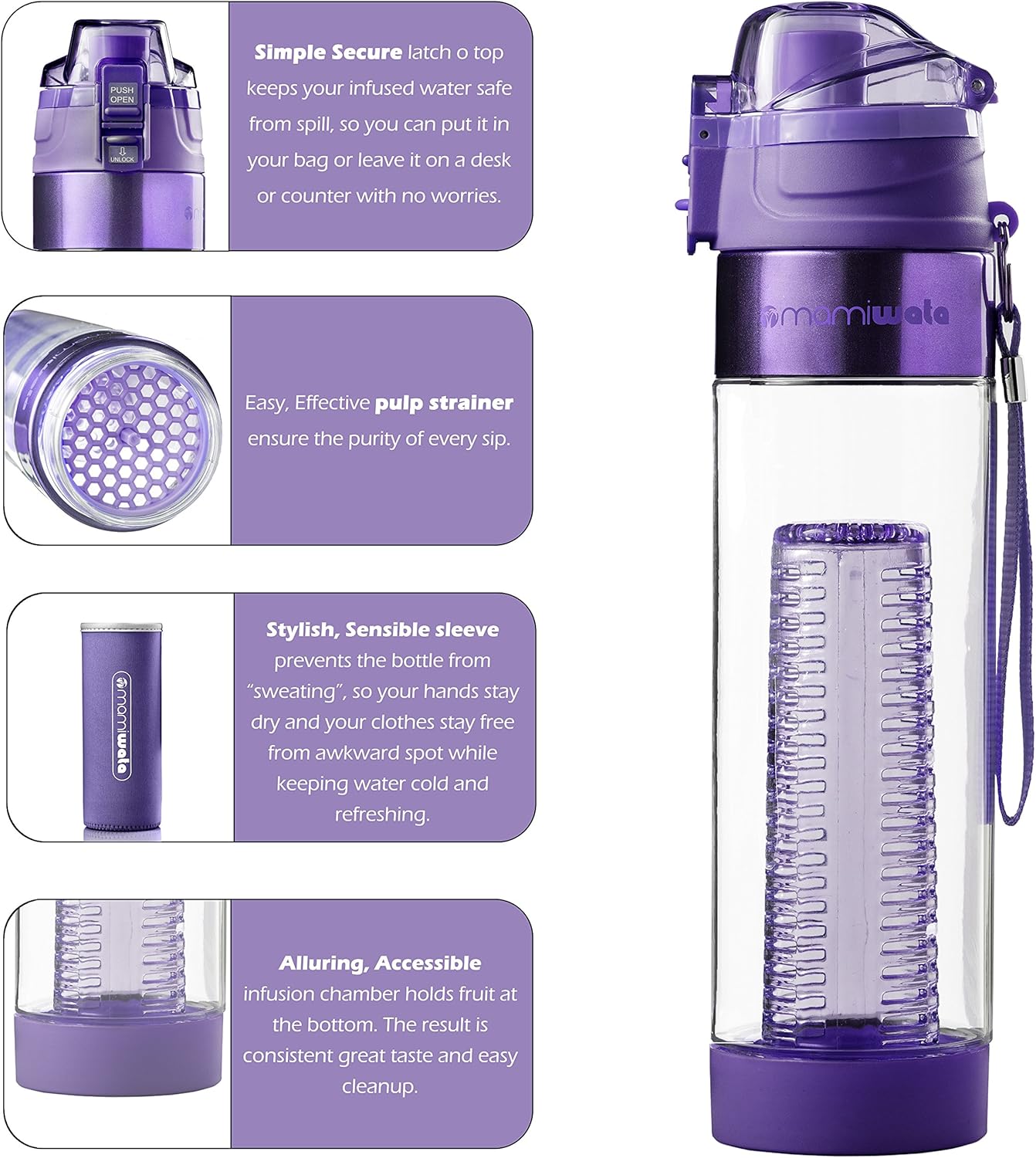 MAMI WATA Fruit Infuser Water Bottle – 24 oz – Tritan Plastic - Unique Stylish Design – Fruit Infused Water recipes eBook & Insulating sleeve – Beautiful Gift Box