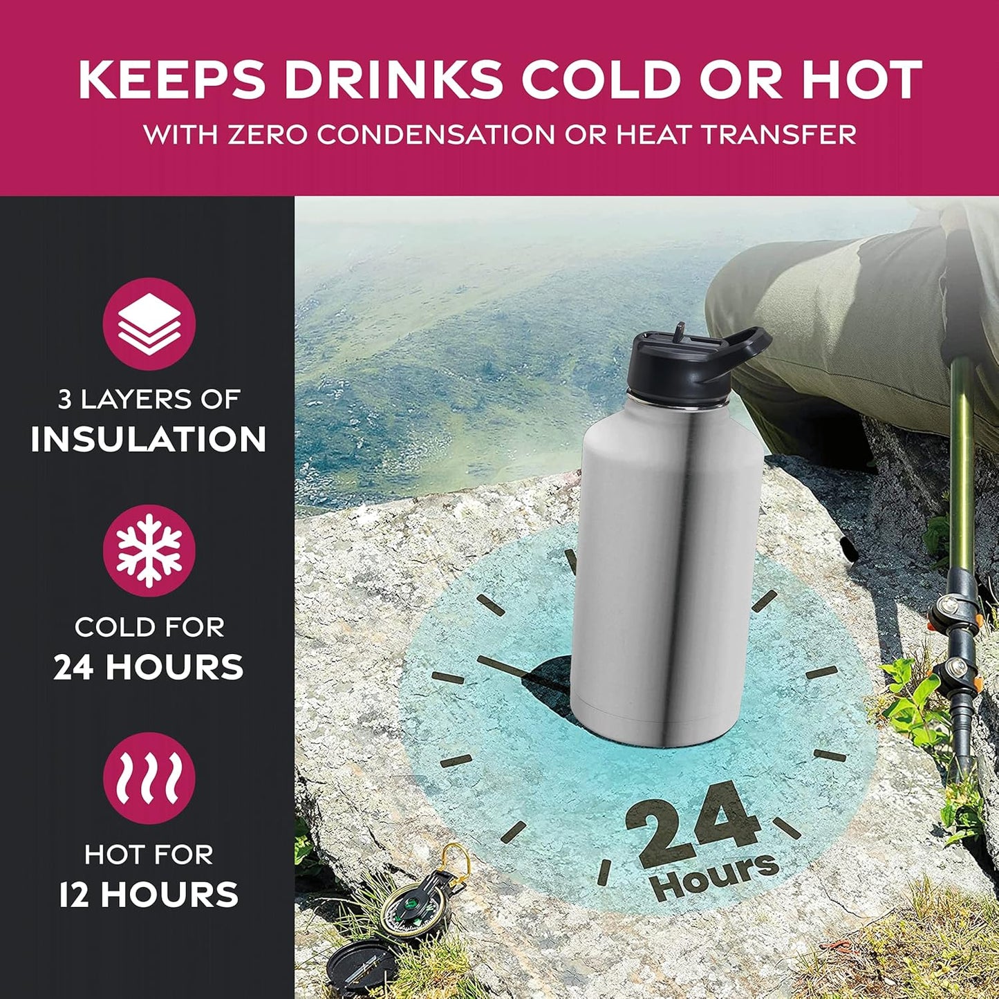 FineDine Water Bottle - Stainless Steel Insulated Water Bottle with Straw Lid, Flip Lid & Wide-Mouth Cap - Keeps Hot and Cold - 25 Oz / 739ml - Dreamy Purple