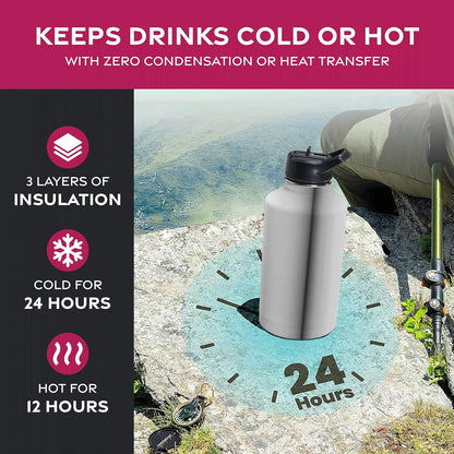 FineDine Water Bottle - Stainless Steel Insulated Water Bottle with Straw Lid, Flip Lid & Wide-Mouth Cap - Keeps Hot and Cold - 25 Oz / 739ml - Dreamy Purple