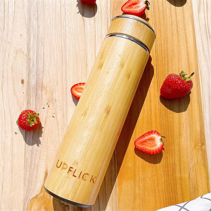 Bamboo Water Bottle Insulated Tea Tumbler for Men Birthday Gift, Women Travel Tea Set with Diffuser for Loose Tea Leaves, Stainless Steel Leak Proof Gift for Mom (15 oz)
