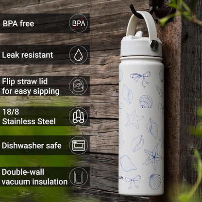 25oz Insulated Stainless Steel Aesthetic Cute Water Bottle - 2 Lids Included (Straw + Sport Handle), Leakproof BPA-Free, Dreamy Cream Cute Floral Design, Perfect Gym/Yoga/Office Companion