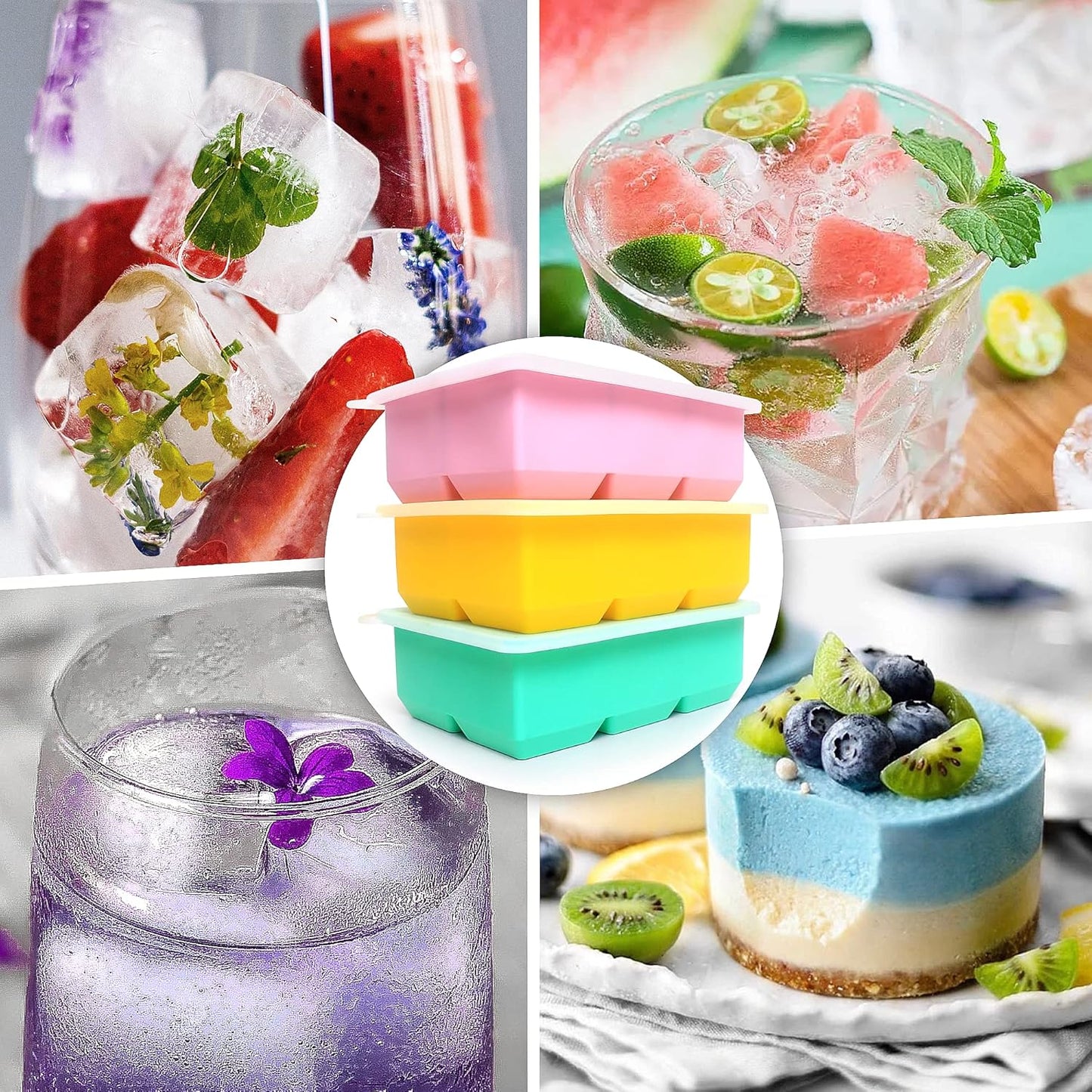 Excnorm Silicone Ice Cube Trays 3 Pack - Large Size Silicone Ice Cube Molds with Leak Proof Removable Lid Square Ice Cube Tray And BPA Free for Cocktail,Whiskey, Stackable Flexible Ice