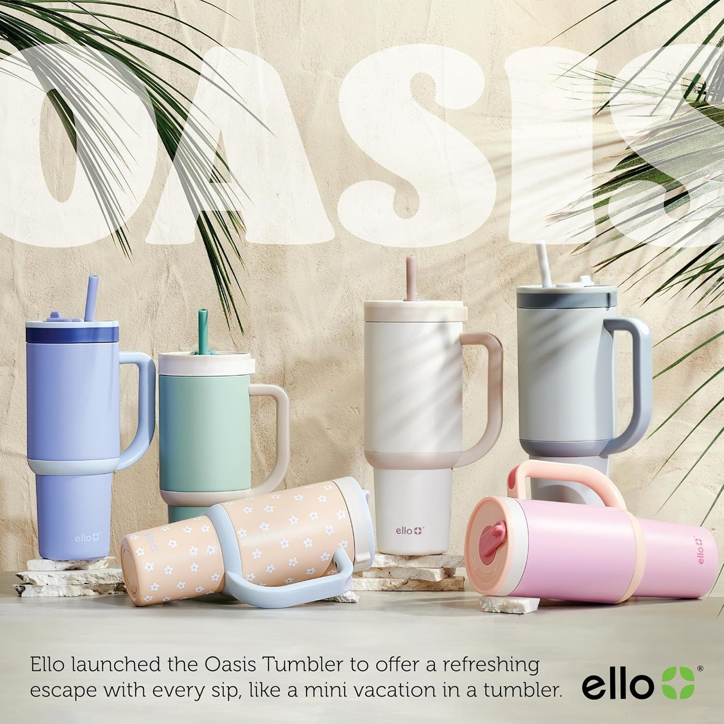 Ello Oasis 40 oz Tumbler with Handle & Retracting Straw | Reusable Insulated Stainless Steel Cup 100% Leakproof, Gifts for Teens Women Men | Keeps cold for 24 Hours, Cup Holder Friendly, Daisies