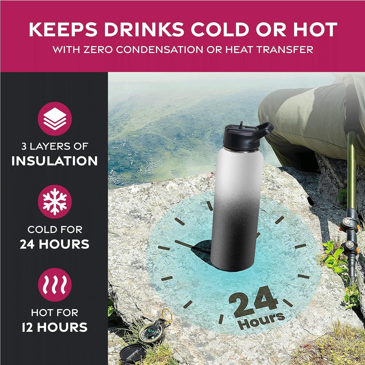 FineDine Water Bottle - Stainless Steel Insulated Water Bottle with Straw Lid, Flip Lid & Wide-Mouth Cap - Keeps Hot and Cold - 25 Oz / 739ml - Dreamy Purple