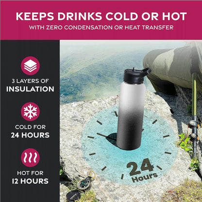 FineDine Water Bottle - Stainless Steel Insulated Water Bottle with Straw Lid, Flip Lid & Wide-Mouth Cap - Keeps Hot and Cold - 25 Oz / 739ml - Dreamy Purple