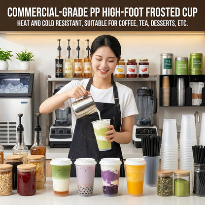 100 Sets Bulk Frosted Disposable Hard Plastic Cups With Straws Lids,90mm Disposable Bubble Boba Milk Tea ToGo Cups Cold Hot Plastic coffee Boba Tea Business TakeAway Supplies (16, ounces)