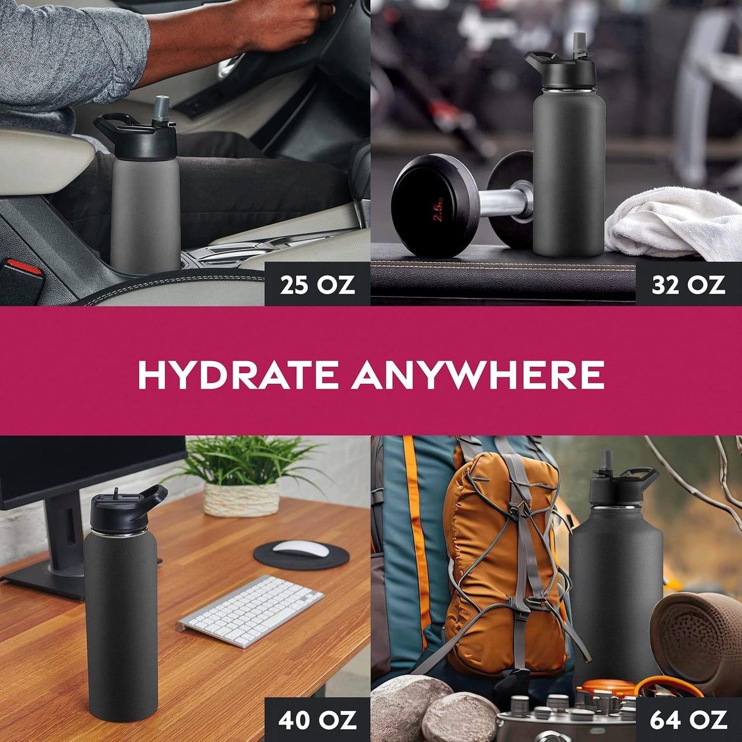 FineDine Water Bottle - Stainless Steel Insulated Water Bottle with Straw Lid, Flip Lid & Wide-Mouth Cap - Keeps Hot and Cold - 25 Oz / 739ml - Dreamy Purple