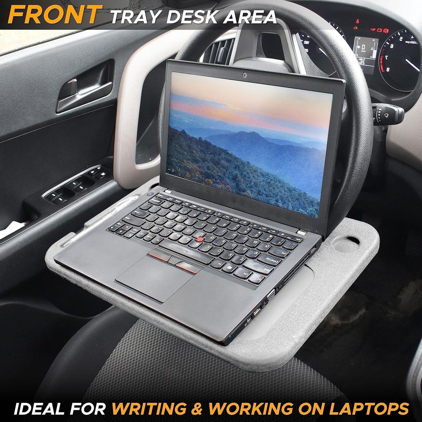 EcoNour 2 in 1 Car Steering Wheel Desk | Tray for Laptop Car Mount with Pen Holder | Desk Console for Car | Food Tray for Eating with Drinks Holder | Multipurpose Travel Car Accessories