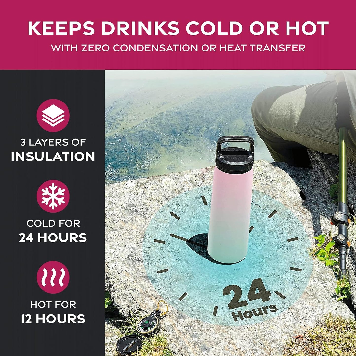 FineDine Water Bottle - Stainless Steel Insulated Water Bottle with Straw Lid, Flip Lid & Wide-Mouth Cap - Keeps Hot and Cold - 25 Oz / 739ml - Dreamy Purple